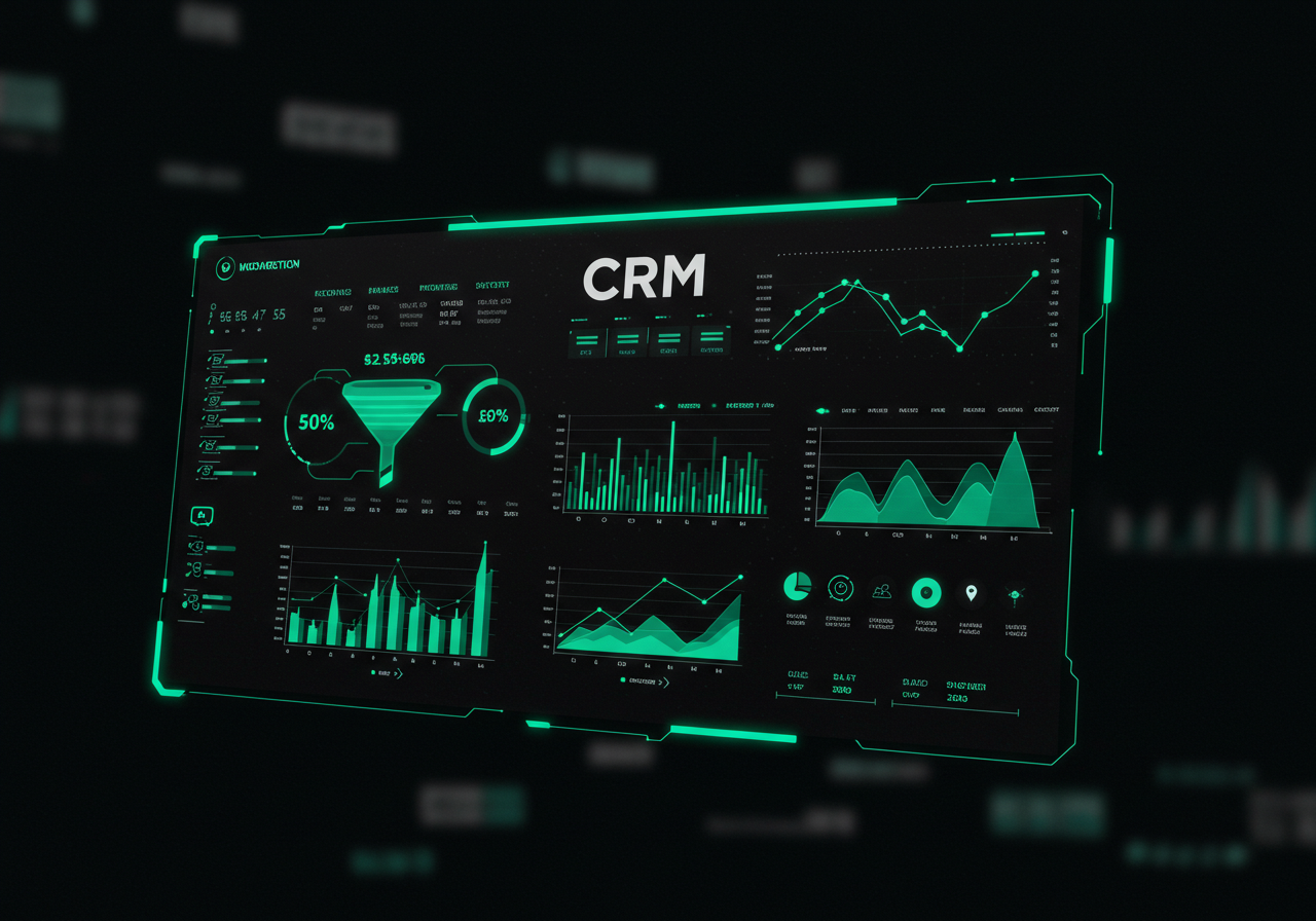 Painel de um sistema CRM inteligente com gráficos e funis de vendas.